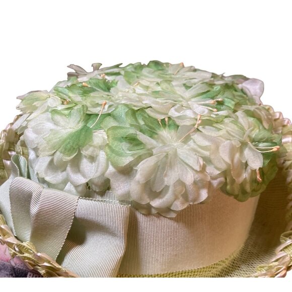 Ladies Green Floral Vintage Breton Style Hat Wide Ribbon Accent Union Made - Picture 2 of 14